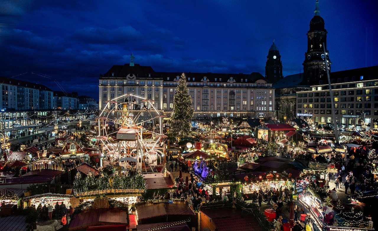 Christmas market at night in Dresden Germany