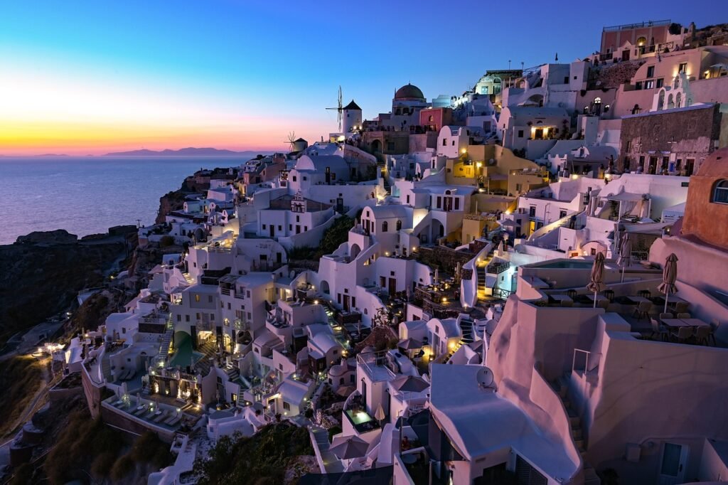 Greece sunset over the houses