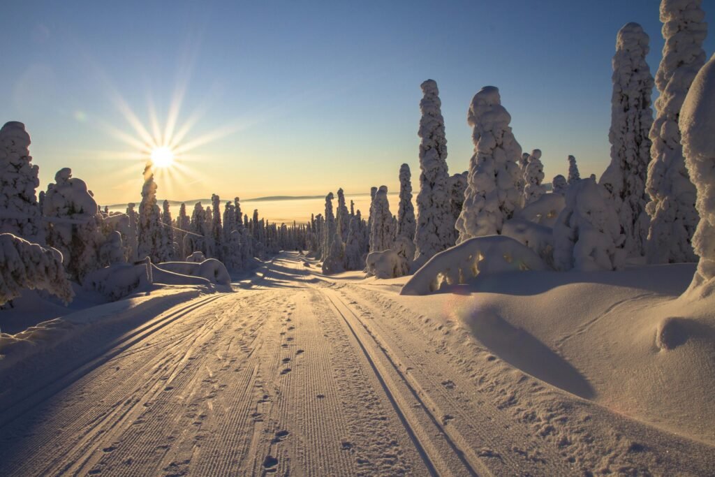 Sunset over a snowy landscape in Lapland, perfect for outdoor winter adventures.